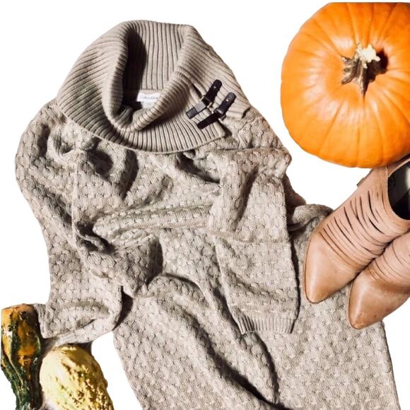 NEW Calvin Klein Tan Cream Leather Buckle Cowl Neck Bodycon Sweater Mini Dress M - Picture 4 of 10